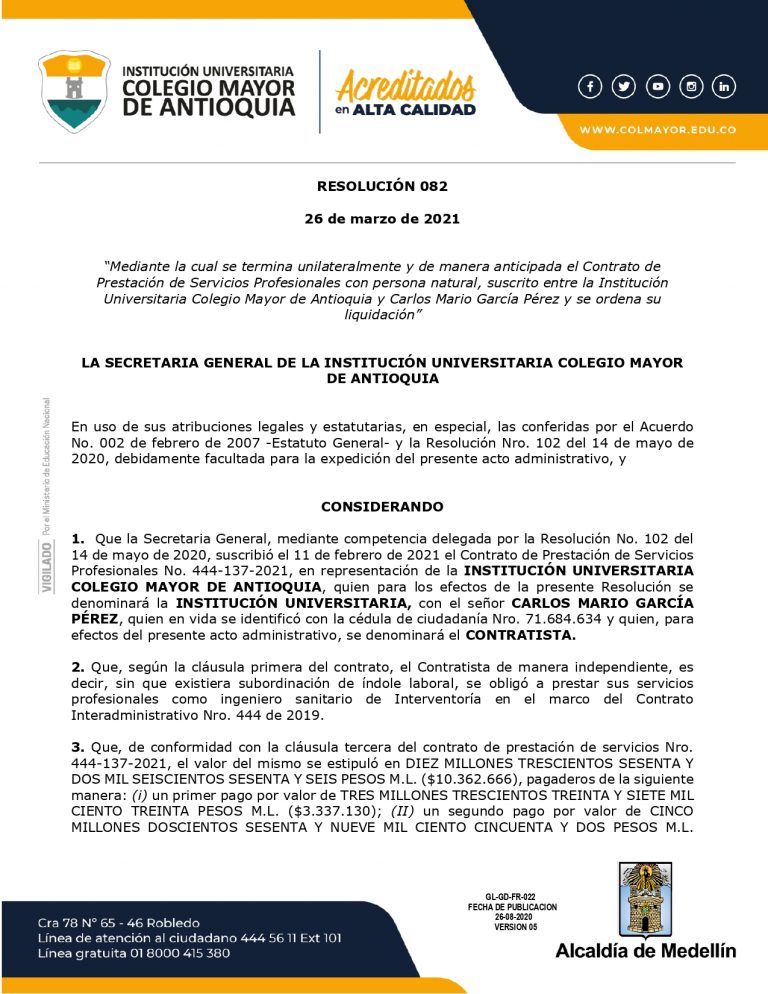 TERMINACIÓN UNILATERAL Y ANTICIPADA DE CONTRATO DE PRESTACIÓN DE SERVICIOS  PROFESIONALES - Colegio Mayor de Antioquia