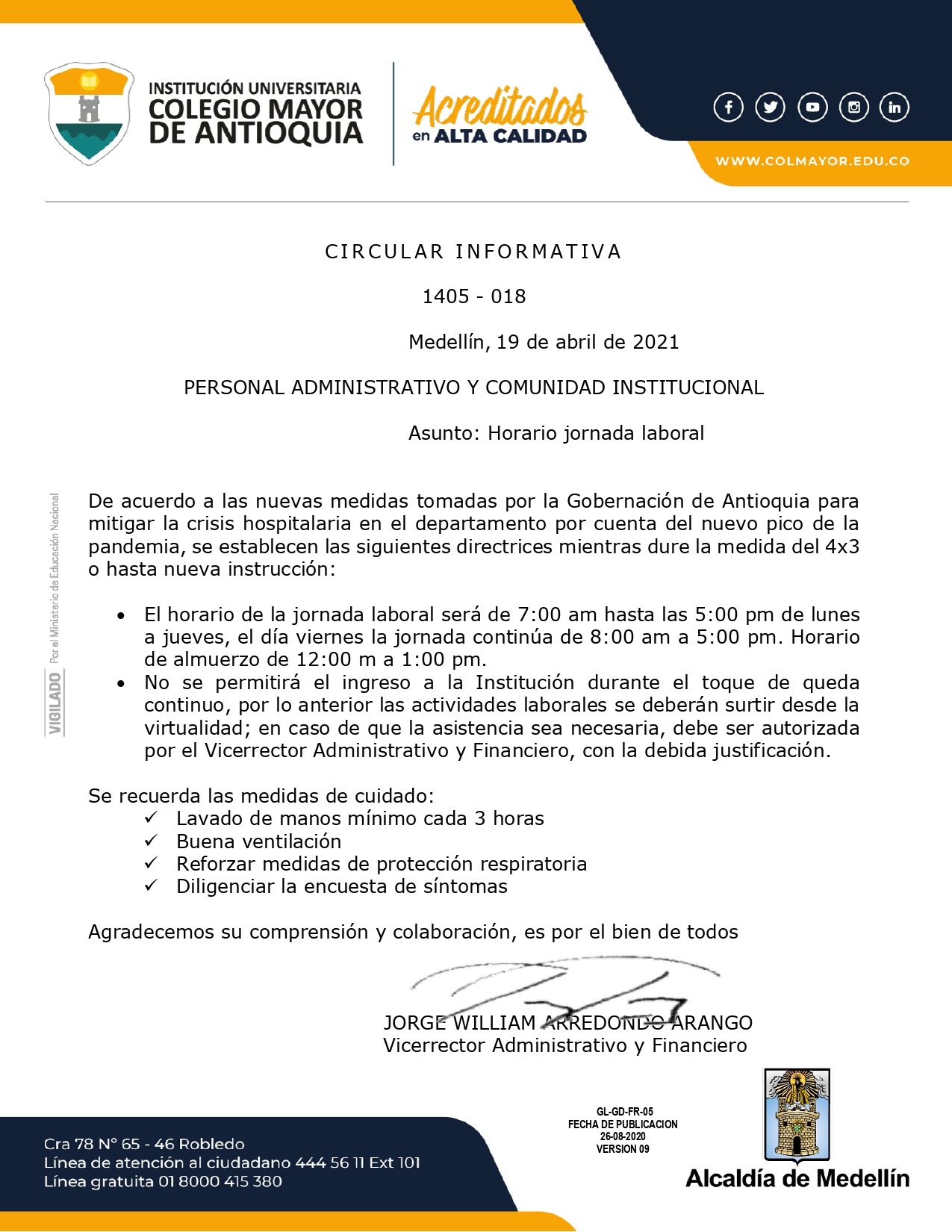 Circular sobre el cambio de horario en la jornada laboral Colegio
