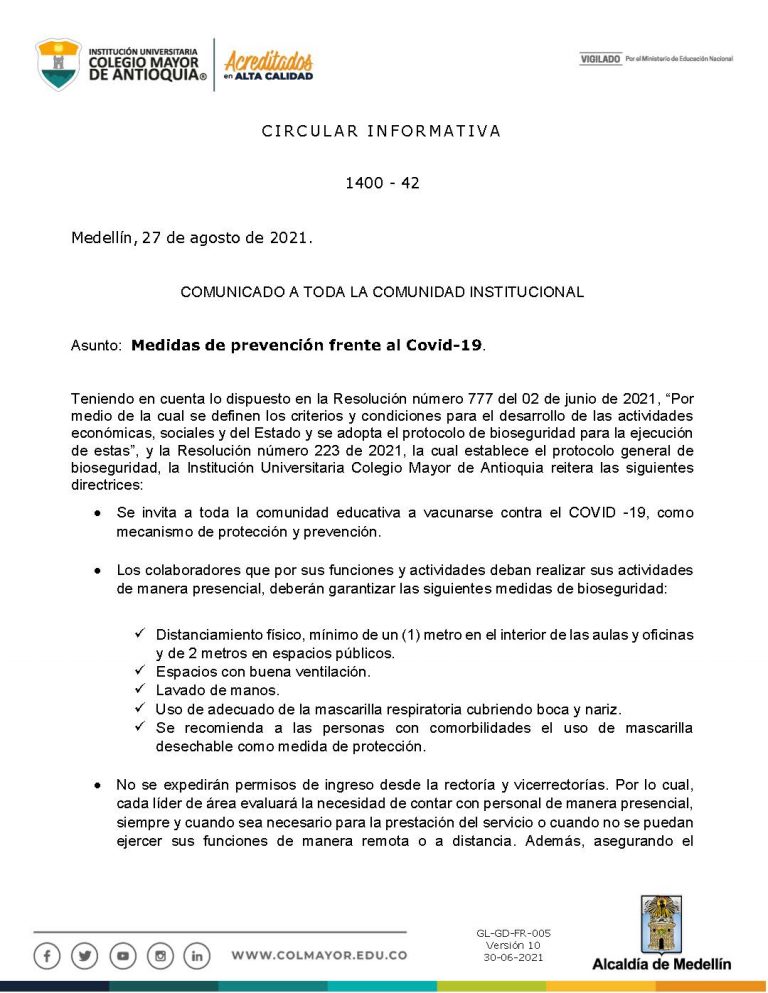 Medidas de prevención frente al Covid-19 - Colegio Mayor de Antioquia