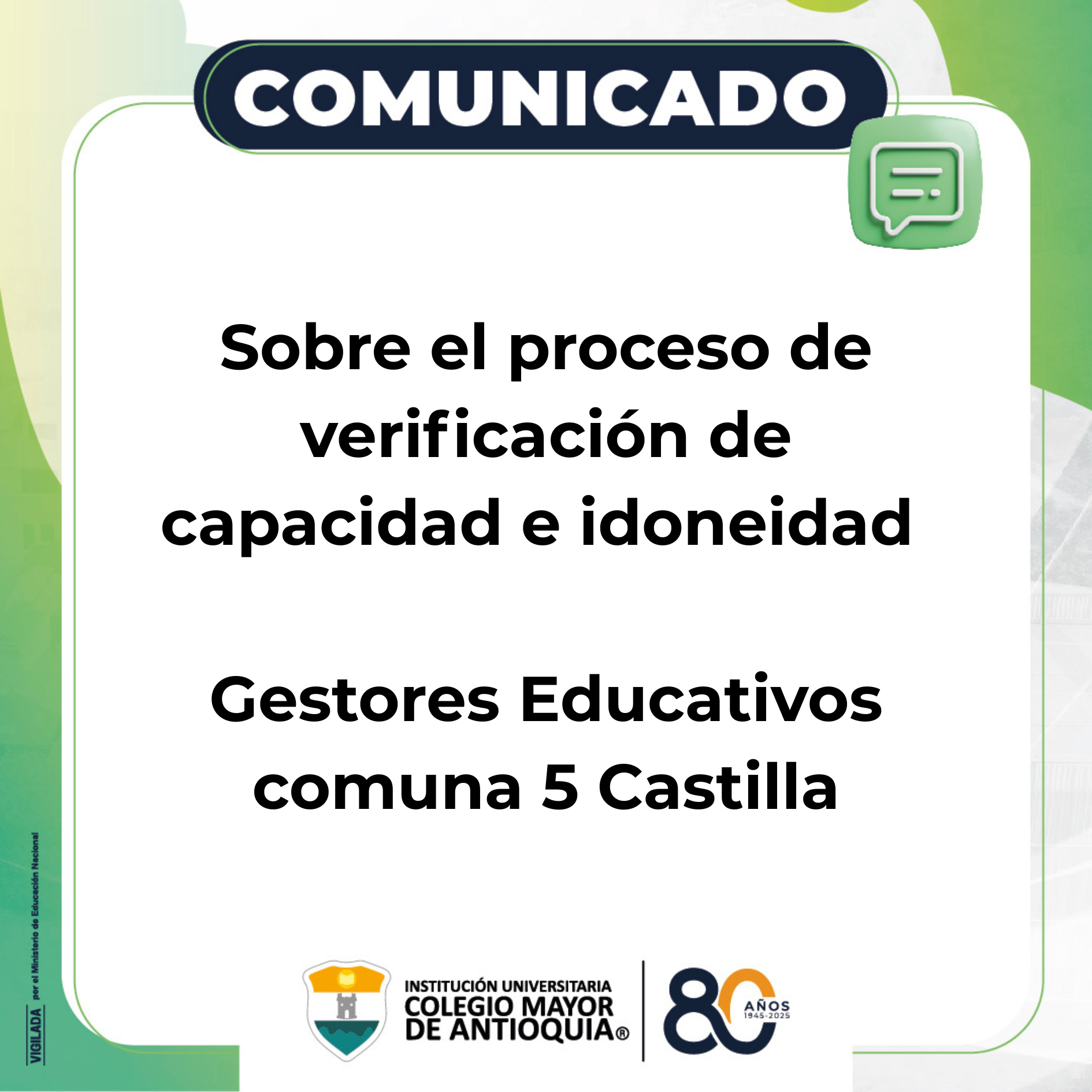 Comunicado sobre proceso de verificación de capacidad e idoneidad – Gestores Educativos comuna 5 Castilla